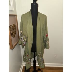 Three Bird Nest Embroidered Kimono Duster Womens O/S Green Boho Festival Resort
